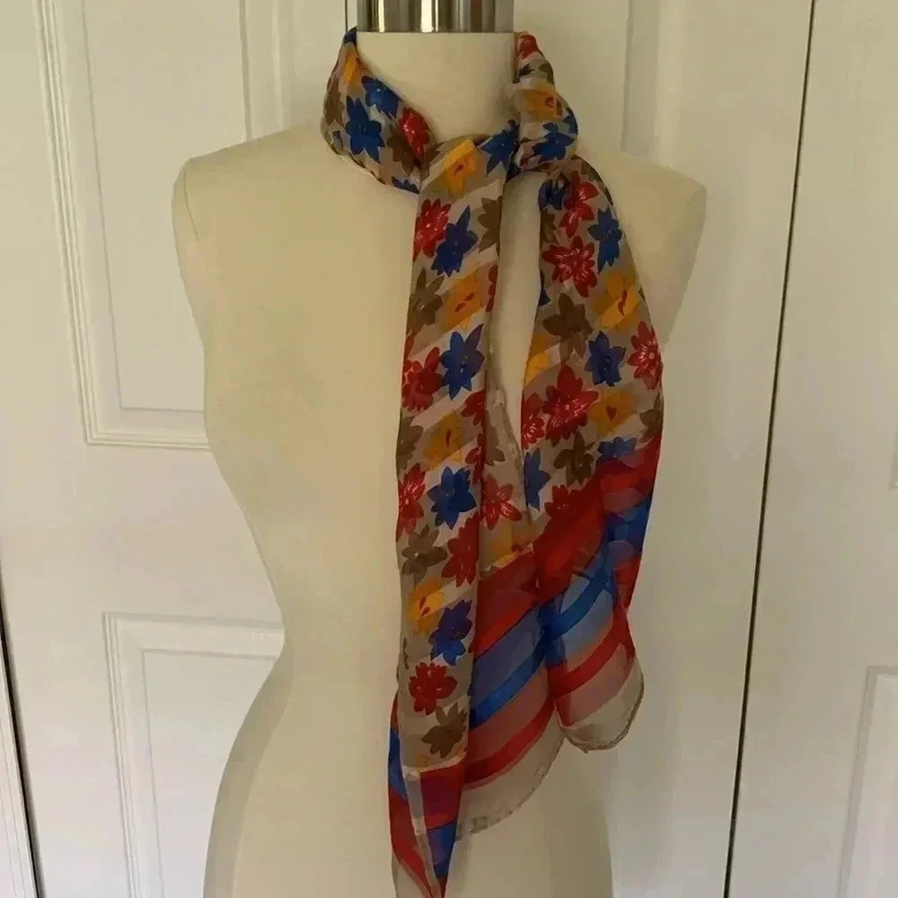 Floral print, silk scarf, red blue, yellow, and tan